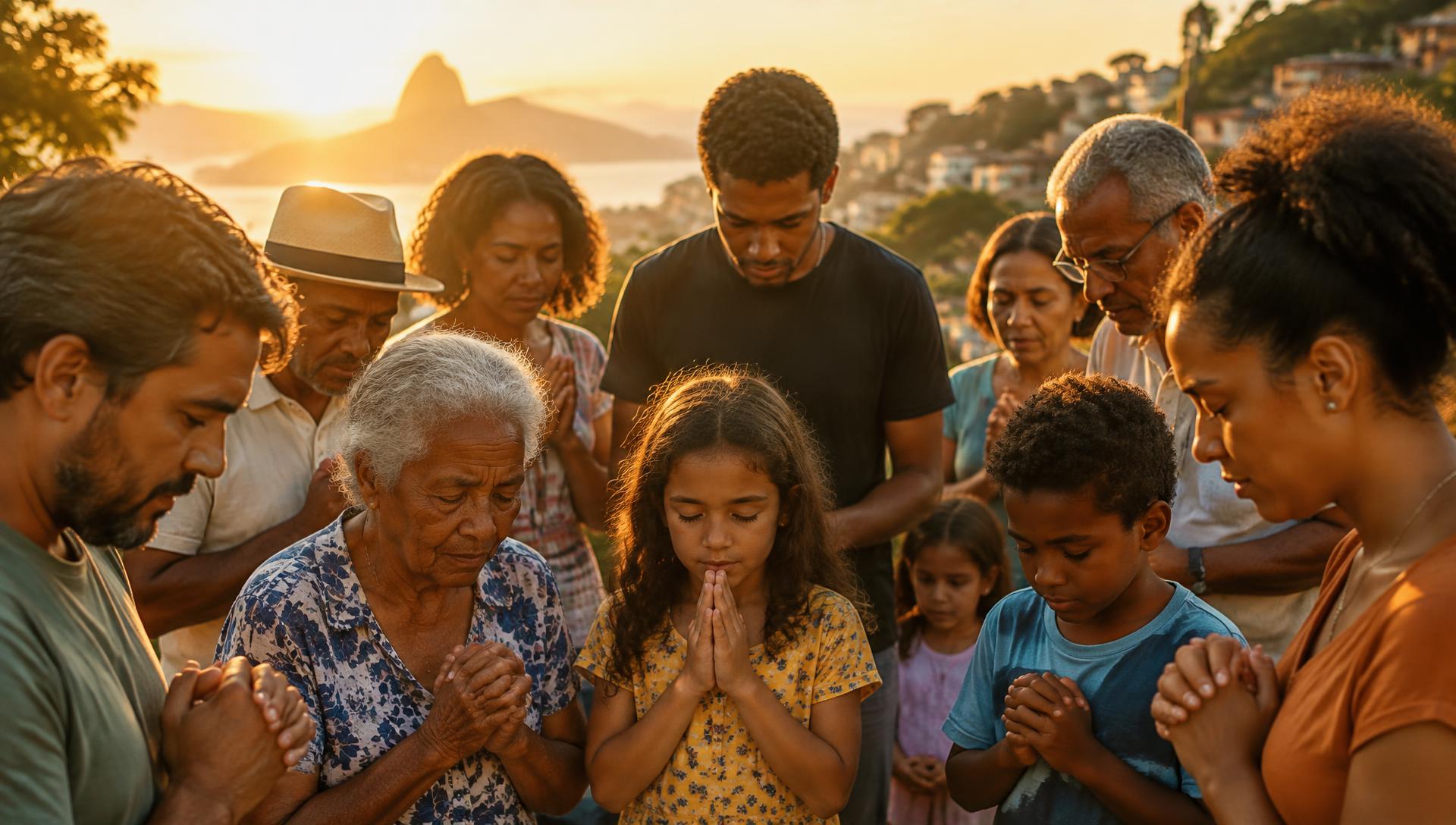 Comunidade reunida em oração ao pôr do sol